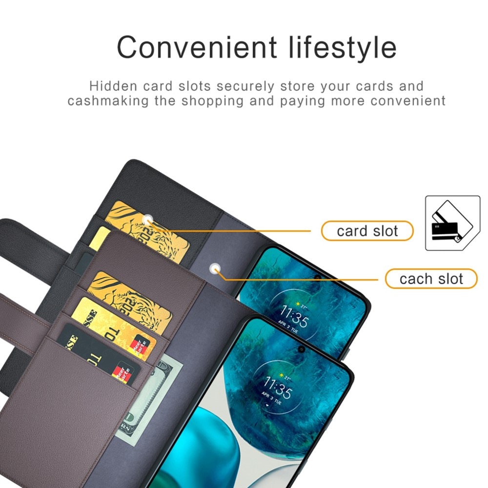 Motorola Moto G82/Moto G52 Lommeboketui i ekte skinn, Svart