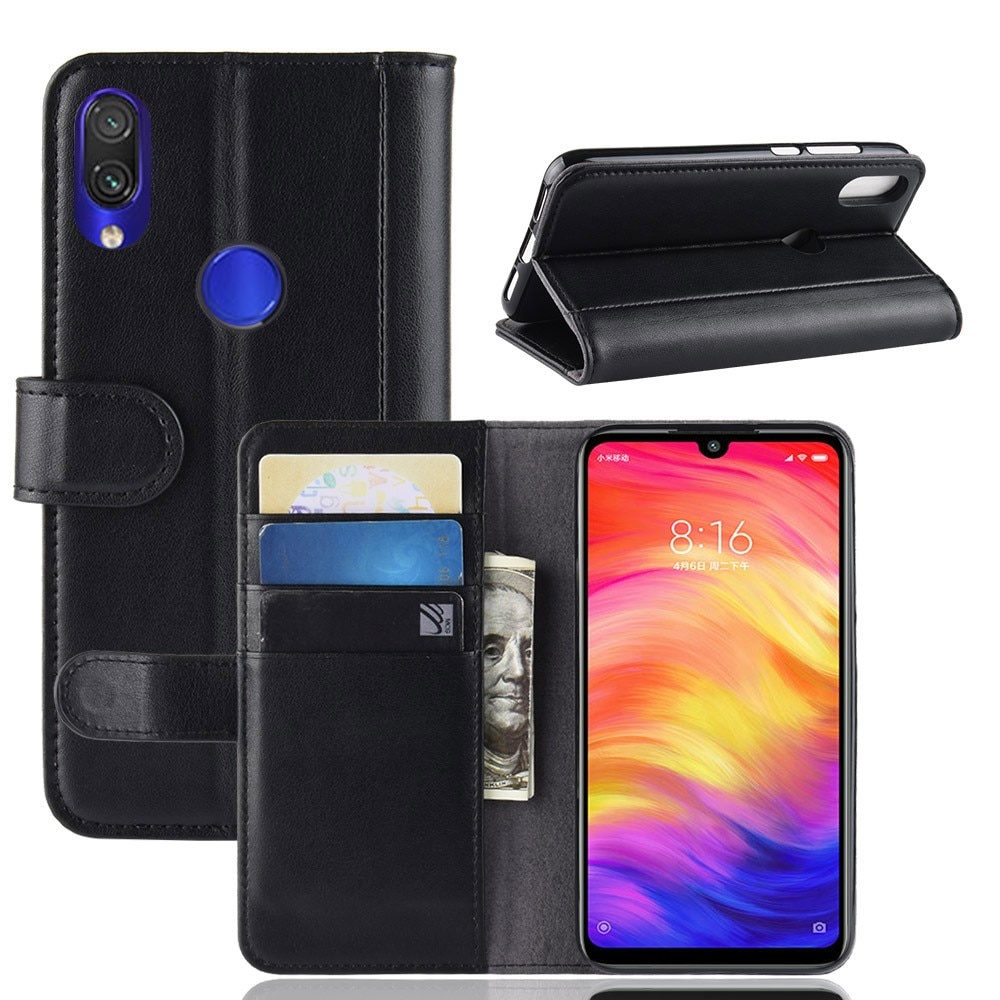 Xiaomi Redmi Note 7 Lommeboketui i ekte skinn, Svart