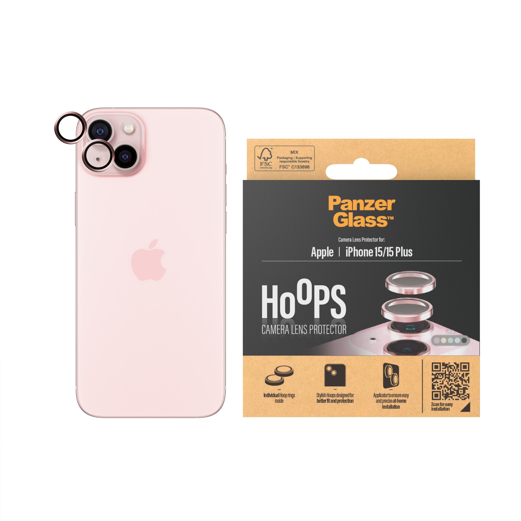 iPhone 15 Plus Hoops linsebeskyttelse med aluminiumsramme, Rosa