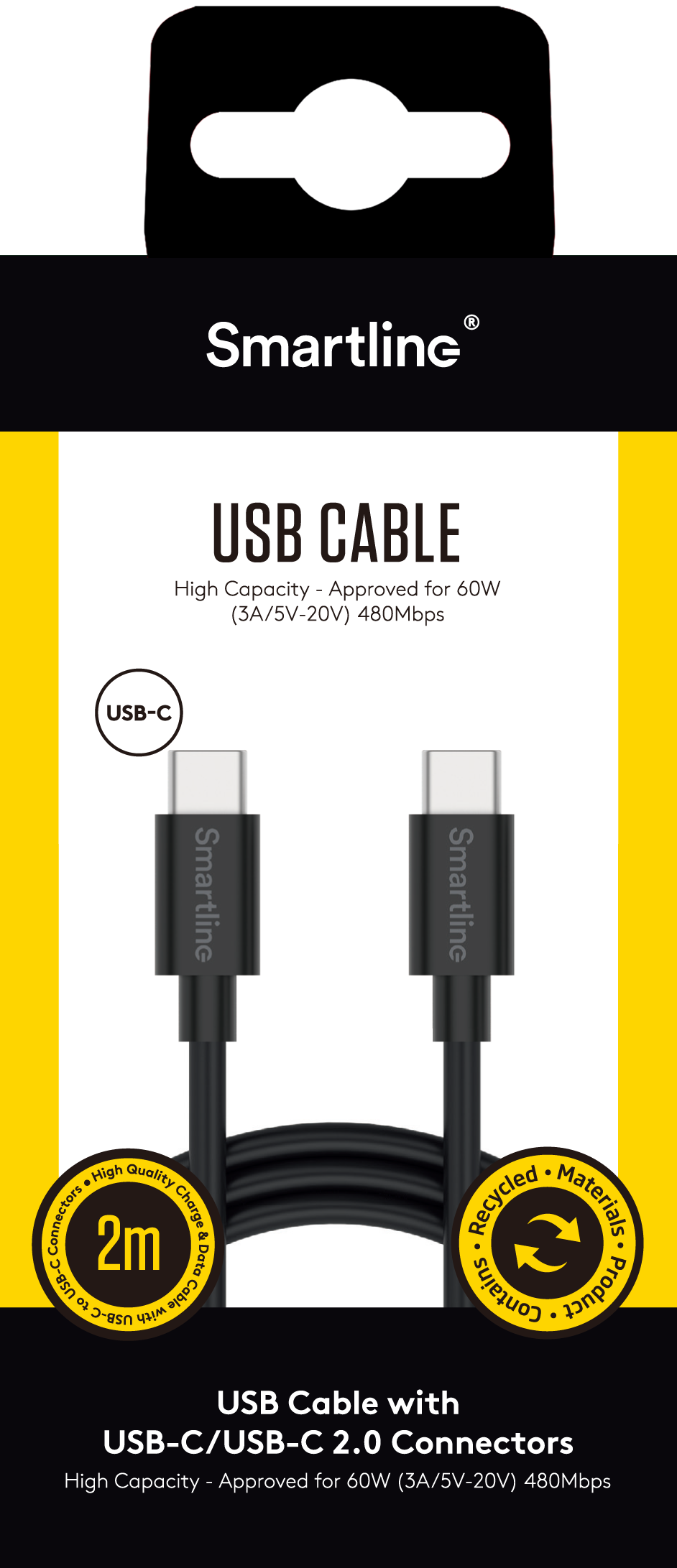 Ladekabel 2m USB-C - USB-C, Svart