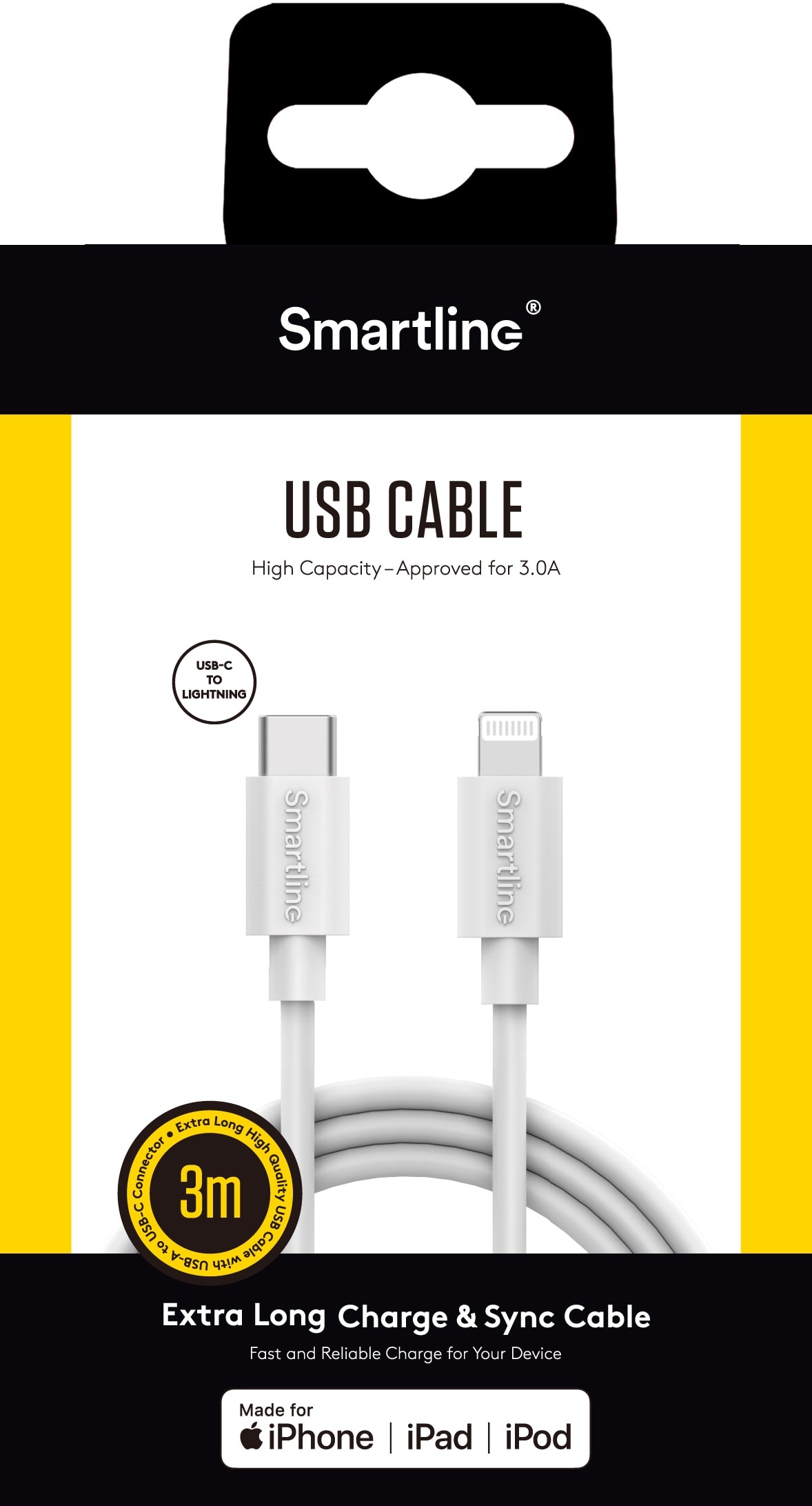 Ladekabel 3m Lightning - USB-C, Hvit