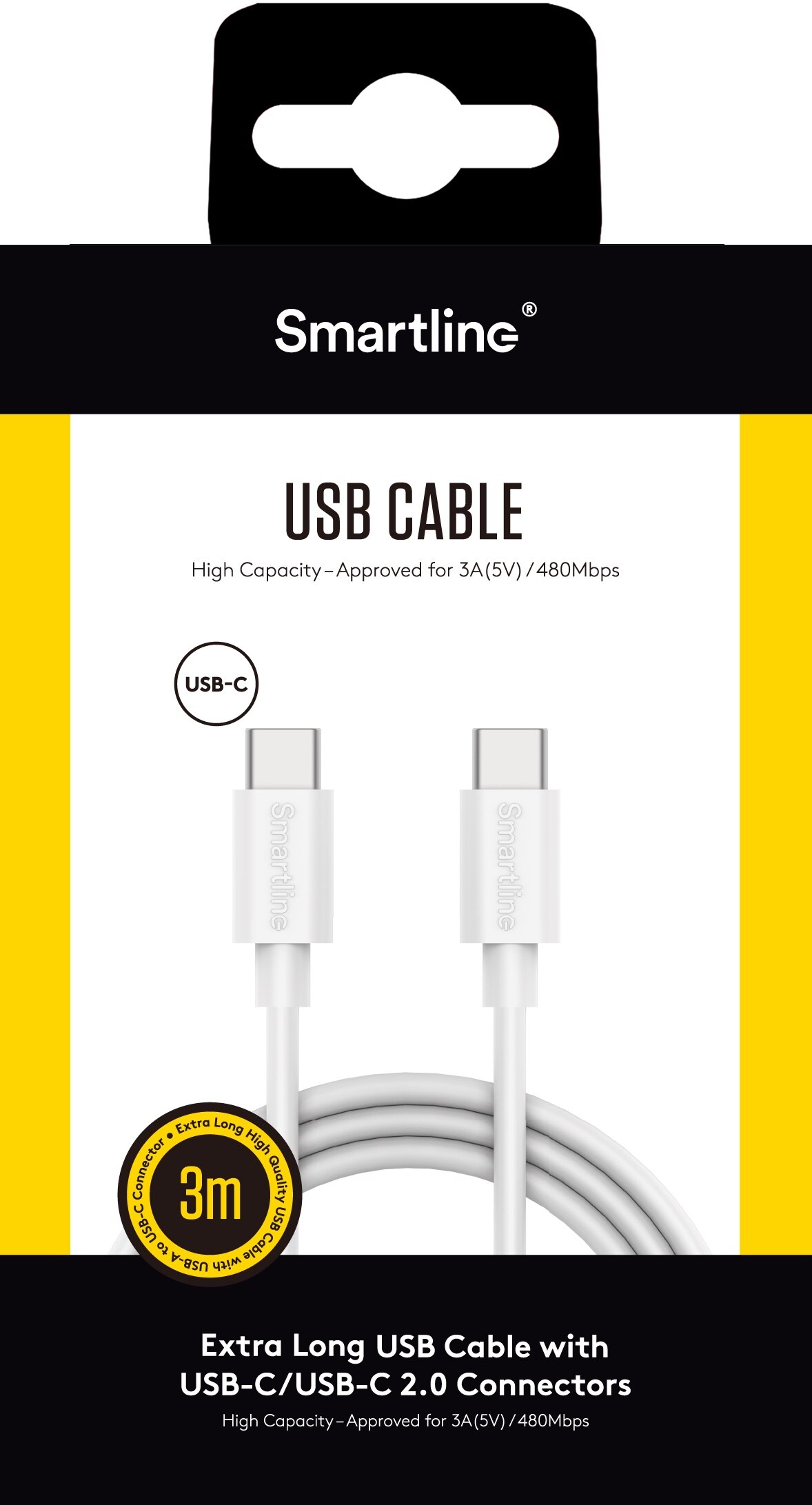 Ladekabel 3m USB-C - USB-C, Hvit