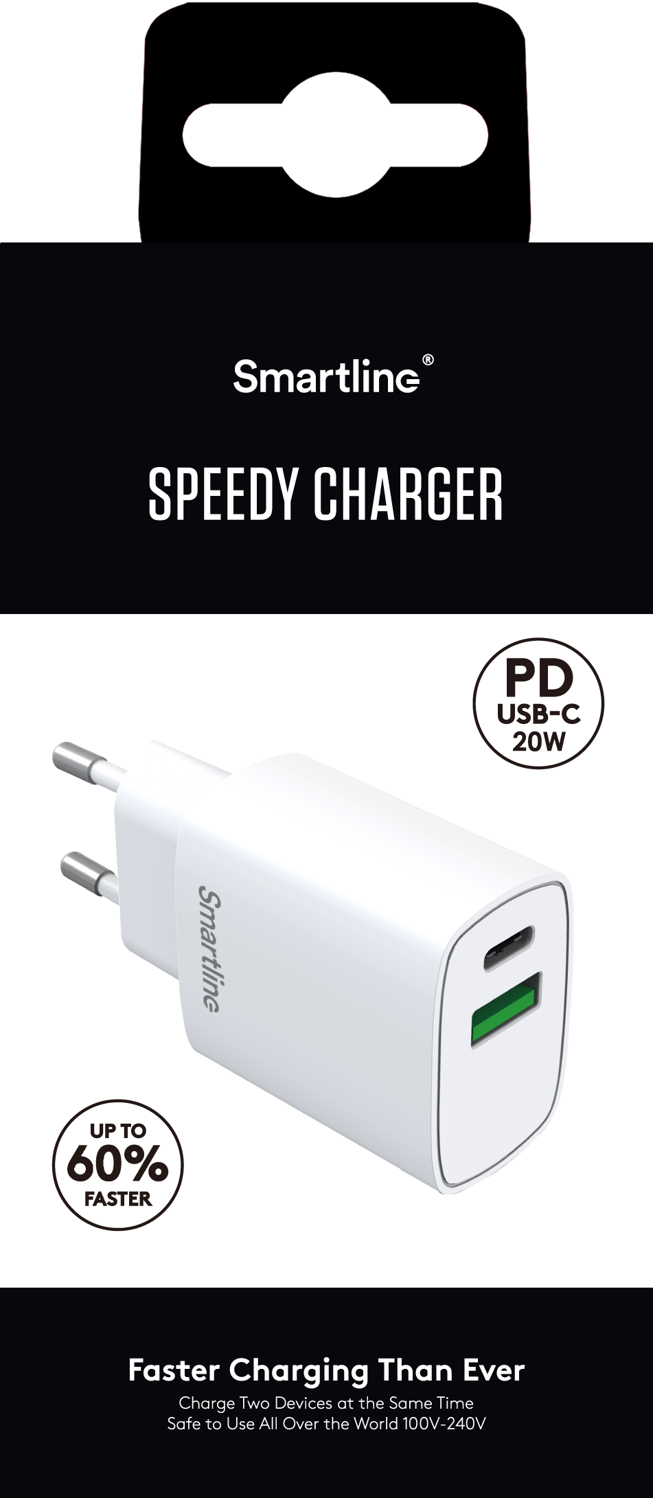 Vegglader med USB-C + USB-A PD 20W, Hvit