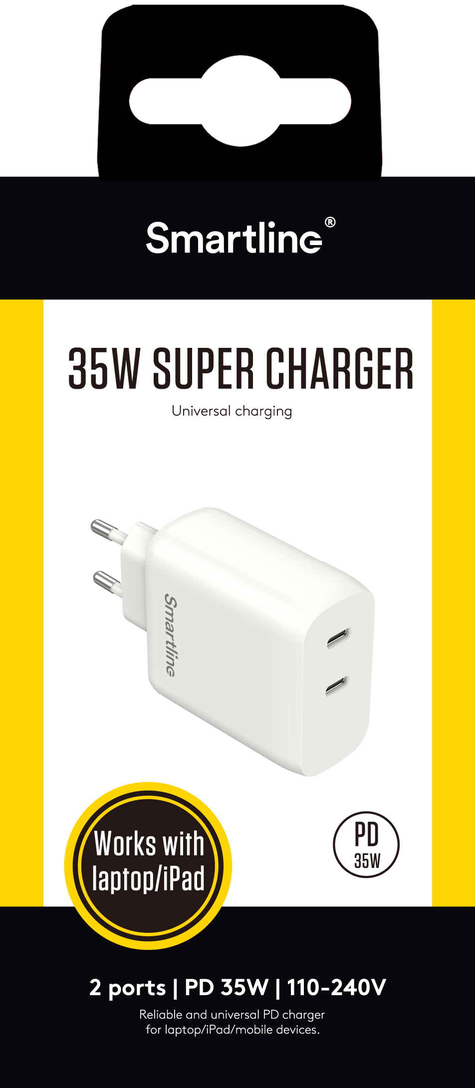 Veggadapter med doble USB-C-porter 35W PD, Hvit