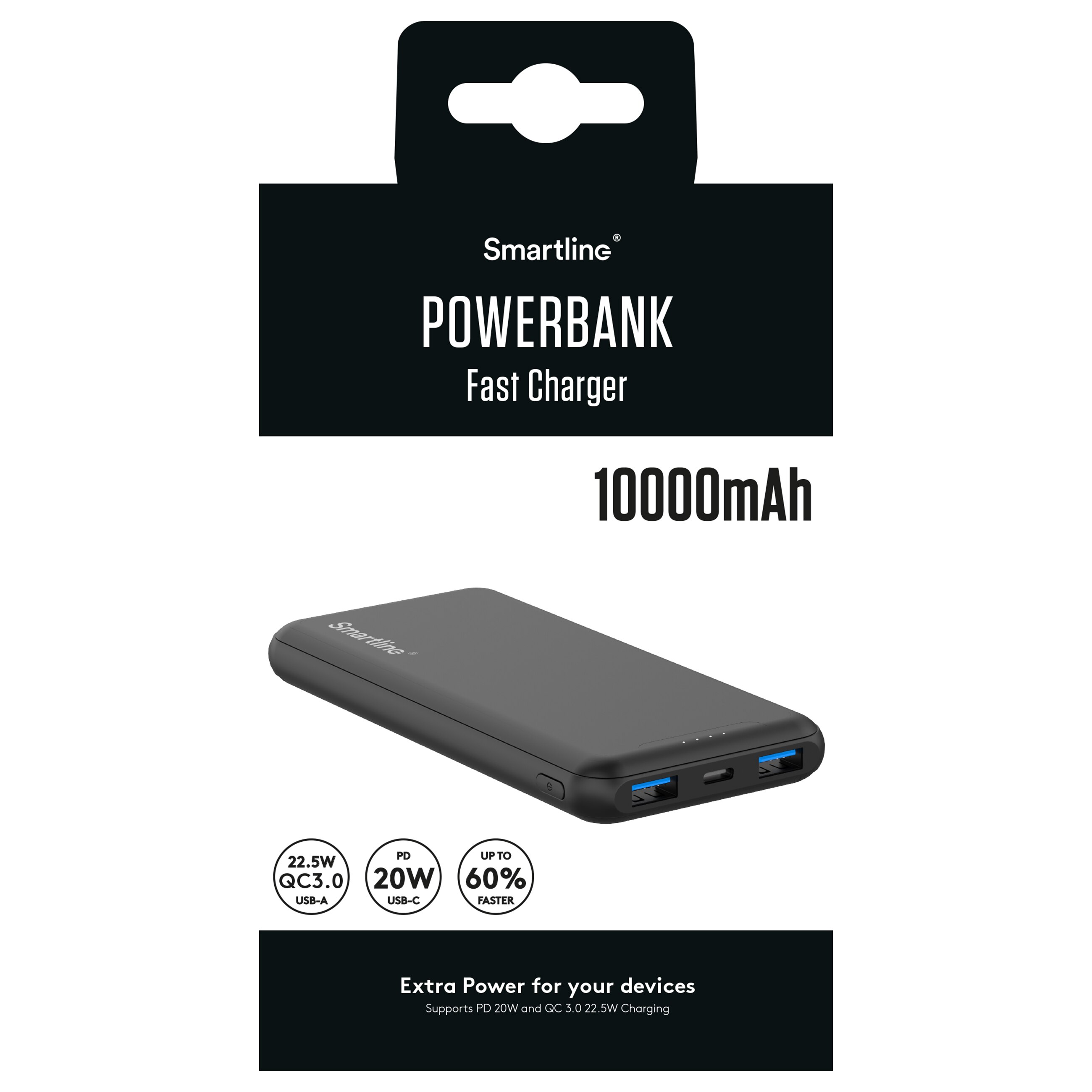 Powerbank 10000 mAh USB-A + USB-C PD, Svart