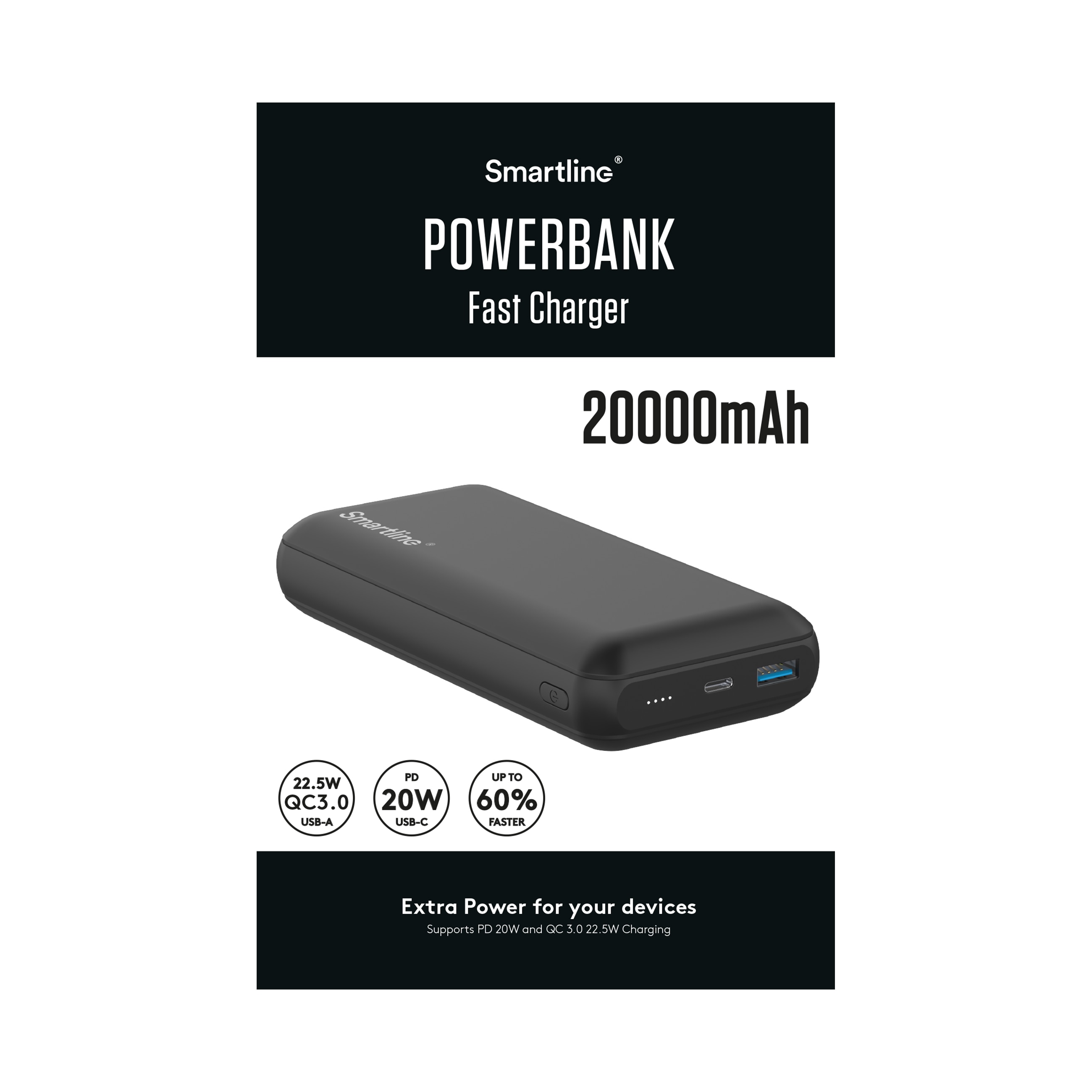 Powerbank 20000 mAh USB-A + USB-C PD, Svart