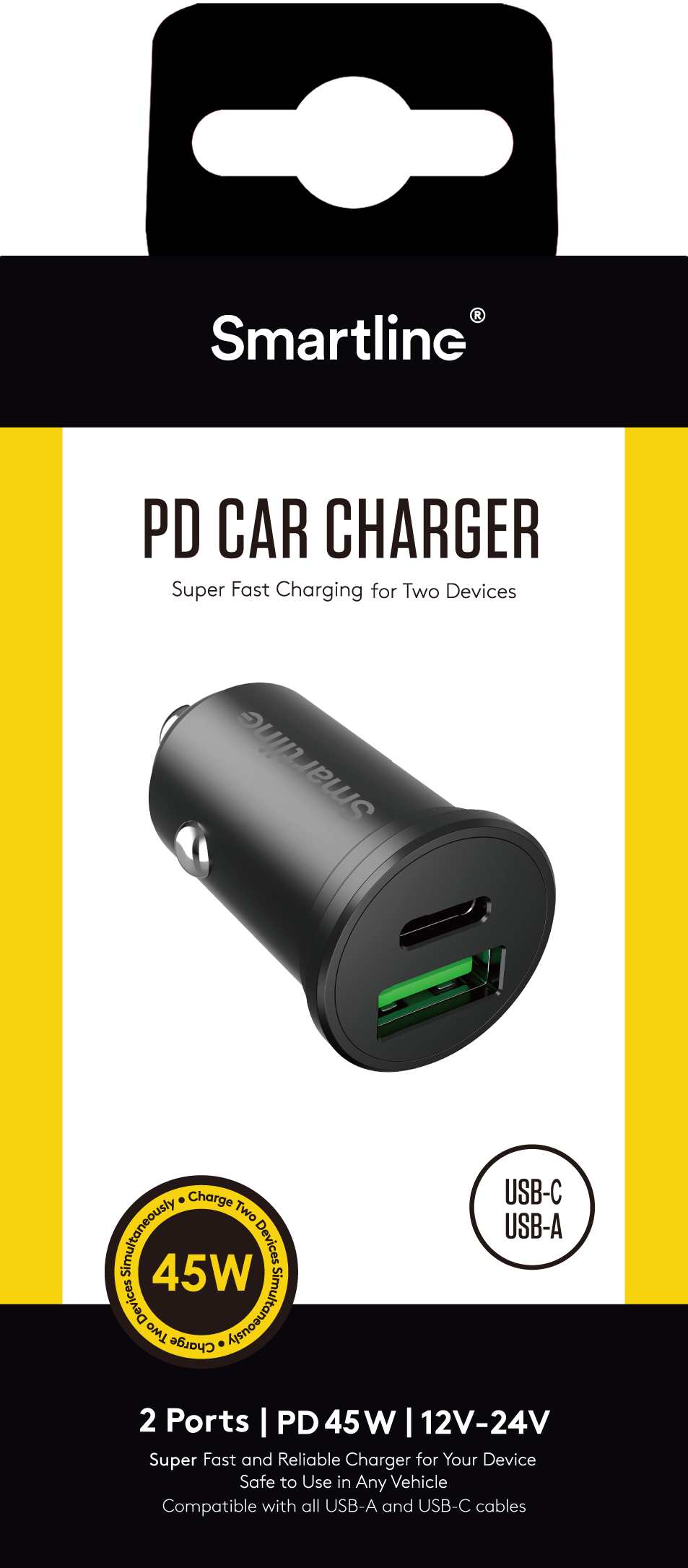 Billader med USB-C + USB-A Port PD 45W, Svart