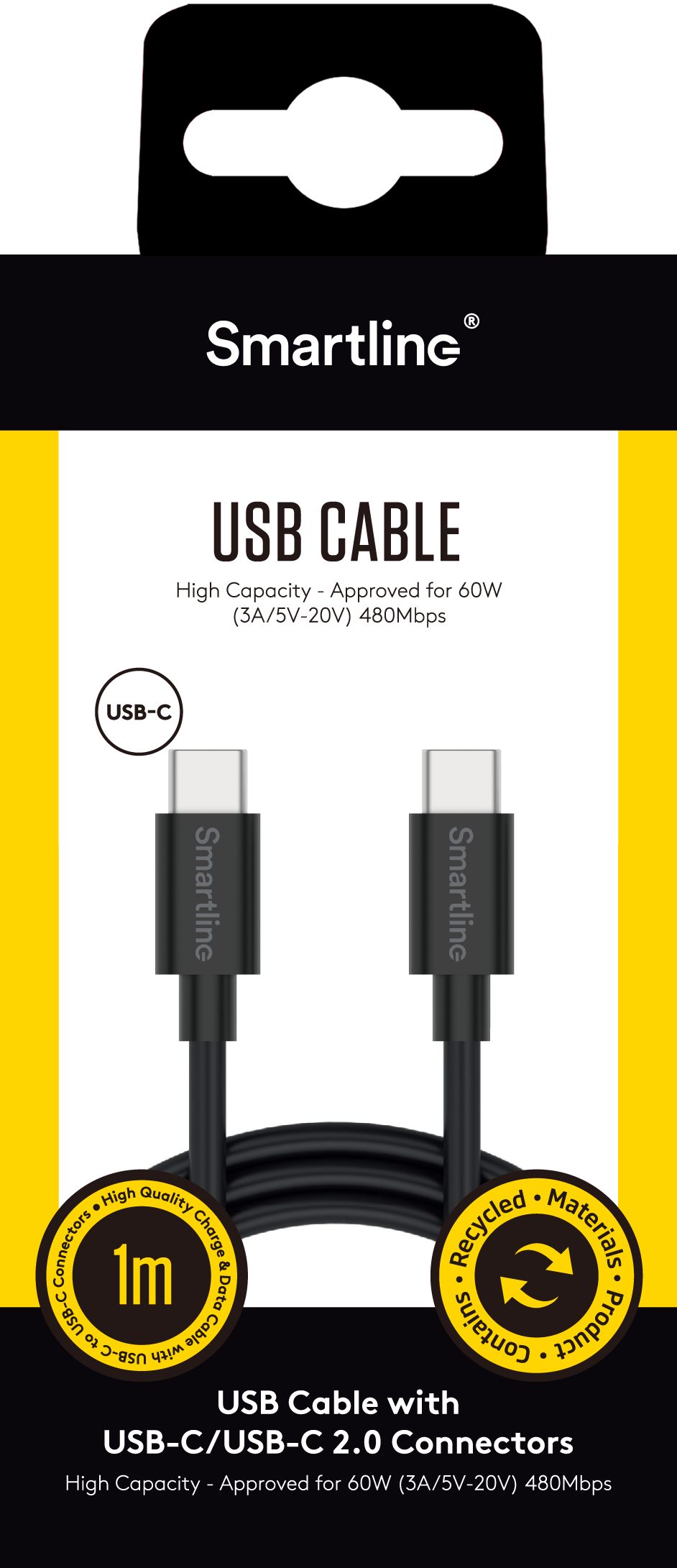 Ladekabel 1m USB-C - USB-C, Svart