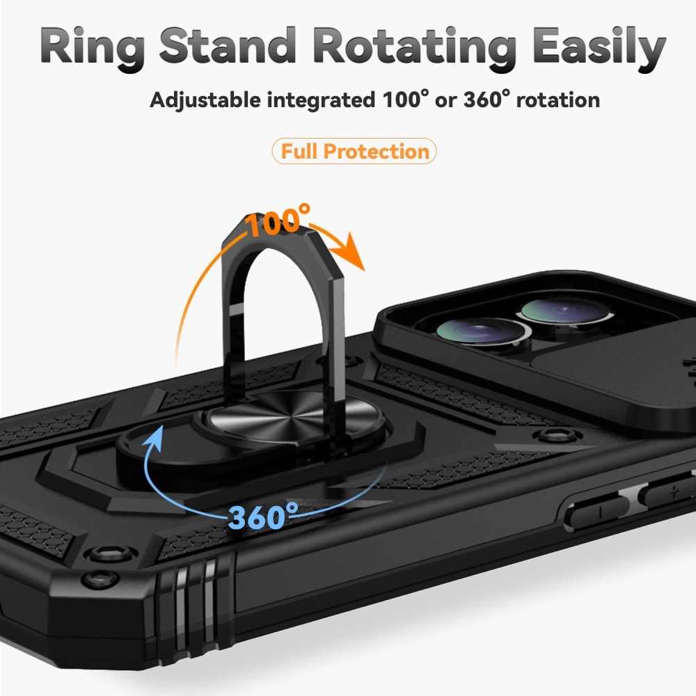 iPhone 16 Plus Deksel med kameralinsebeskyttelse og finger-ring, Svart