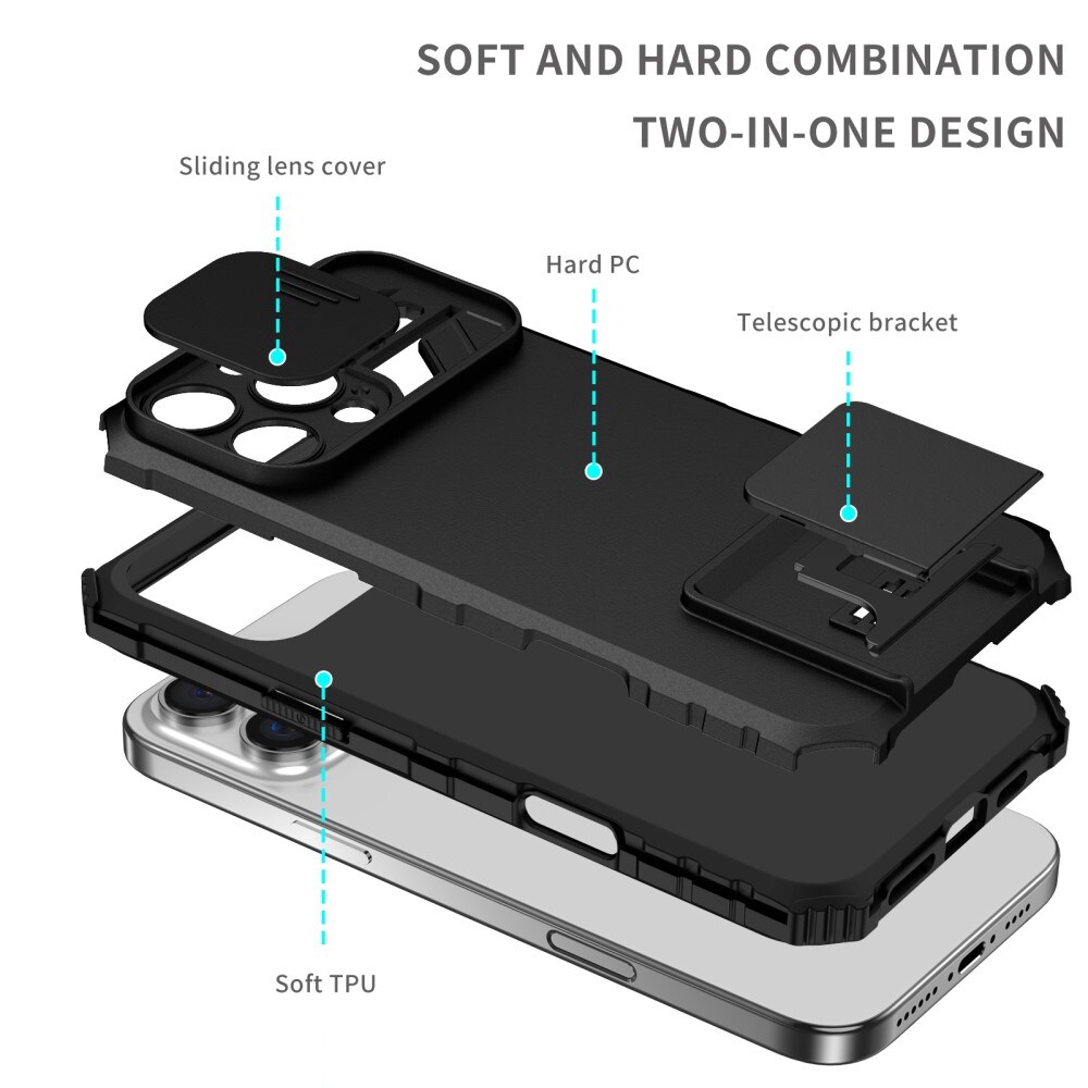 iPhone 16 Pro Max Deksel med kickstand & kameralinsebeskyttelse, Svart