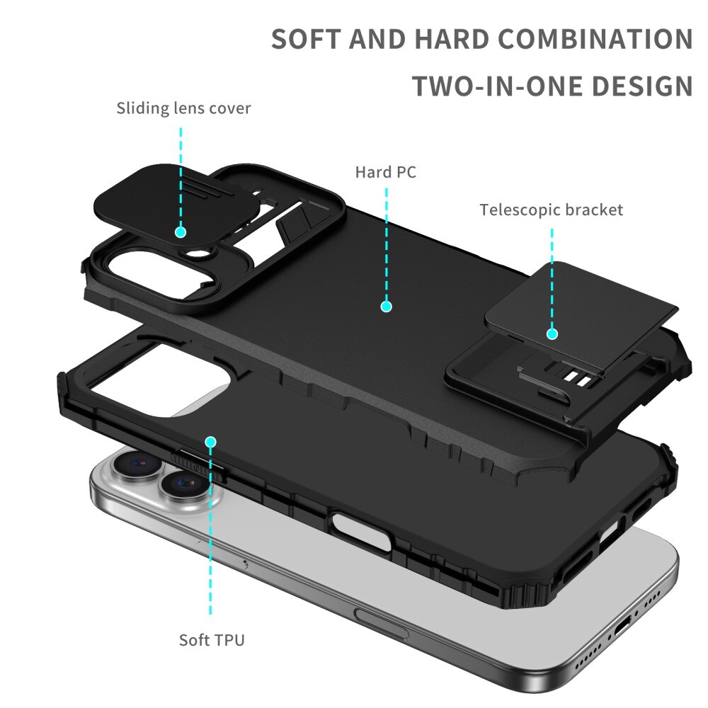 iPhone 16 Deksel med kickstand & kameralinsebeskyttelse, Svart