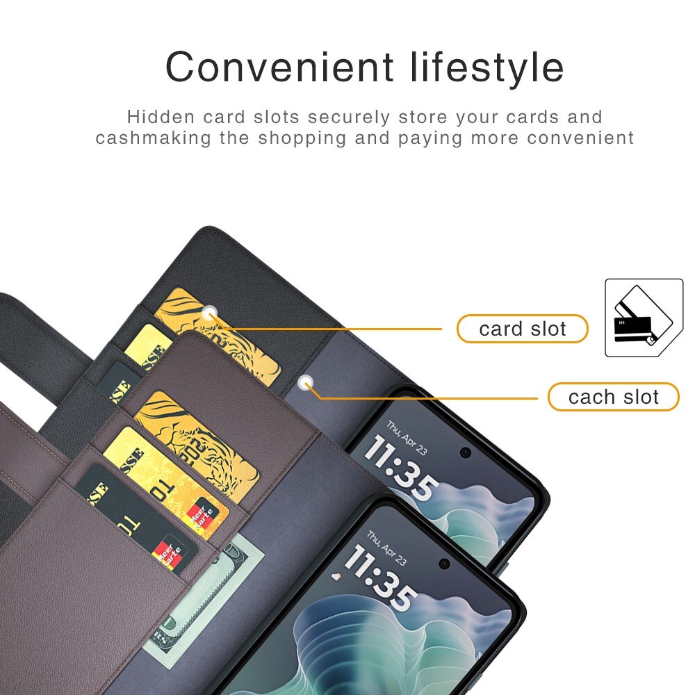 Motorola Moto G35 Lommeboketui i ekte skinn, Svart