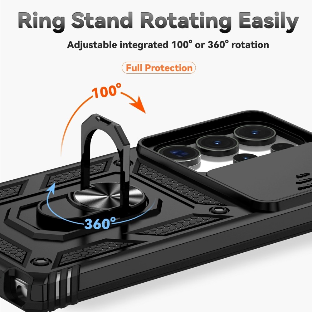 Samsung Galaxy S25 Ultra Deksel med kameralinsebeskyttelse og finger-ring, Svart