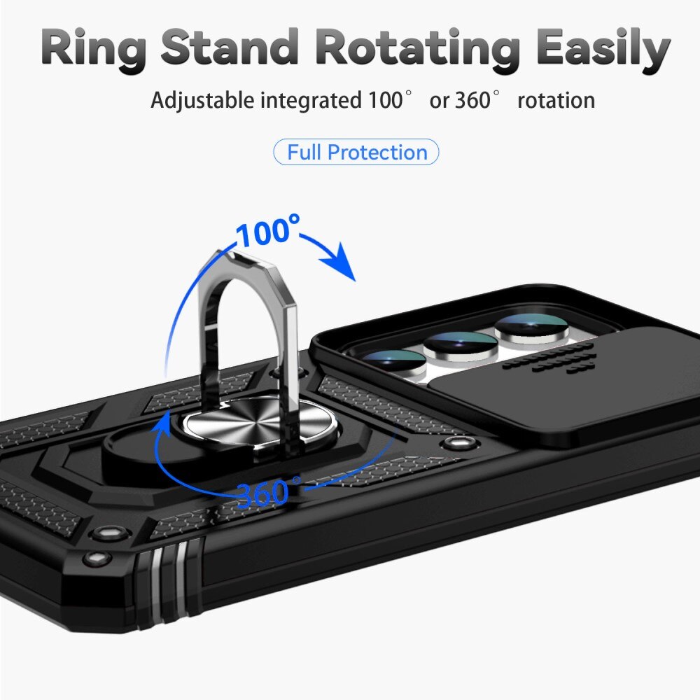 Samsung Galaxy S23 Deksel med kameralinsebeskyttelse og finger-ring, Svart