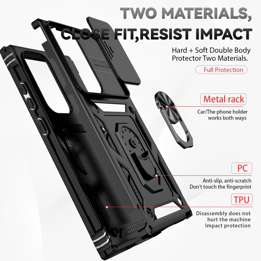 Samsung Galaxy S23 Ultra Deksel med kameralinsebeskyttelse og finger-ring, Svart