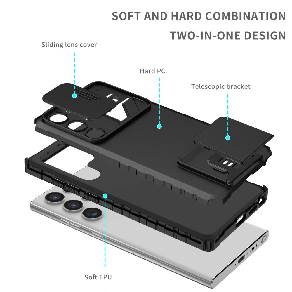 Samsung Galaxy S23 Ultra Deksel med kickstand & kameralinsebeskyttelse, Svart