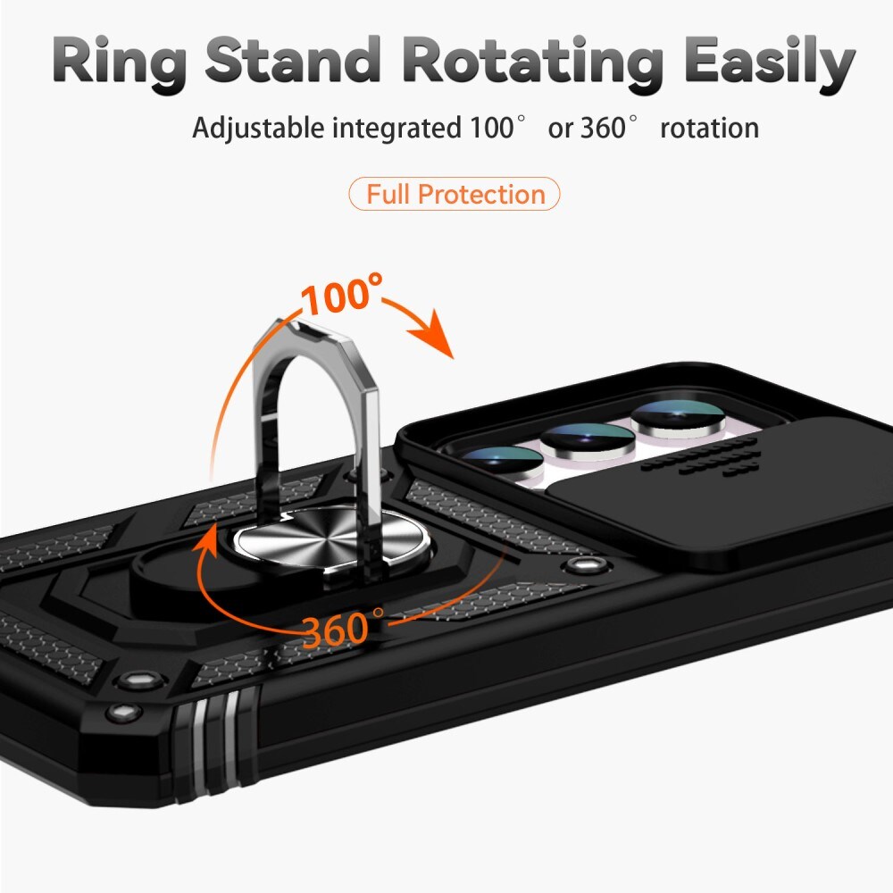 Samsung Galaxy S23 FE Deksel med kameralinsebeskyttelse og finger-ring, Svart