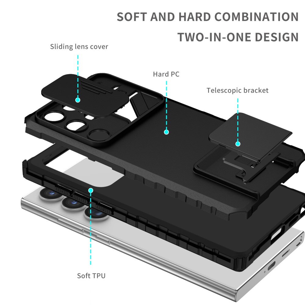 Samsung Galaxy S24 Ultra Deksel med kickstand & kameralinsebeskyttelse, Svart