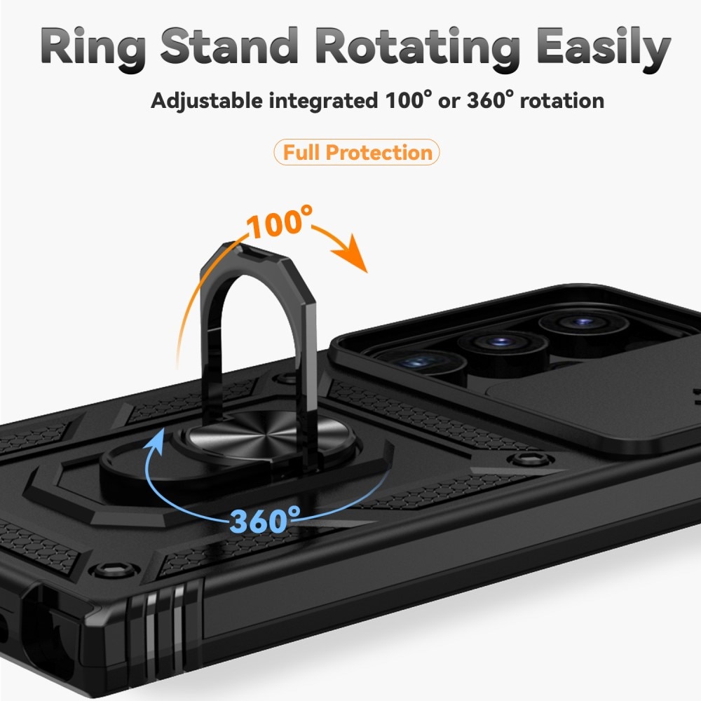 Samsung Galaxy S24 Ultra Deksel med kameralinsebeskyttelse og finger-ring, Svart