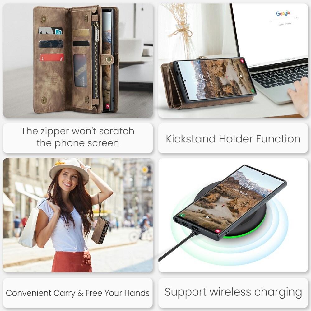 Samsung Galaxy S24 Ultra Romslig lommeboketui med mange kortlommer, Brun