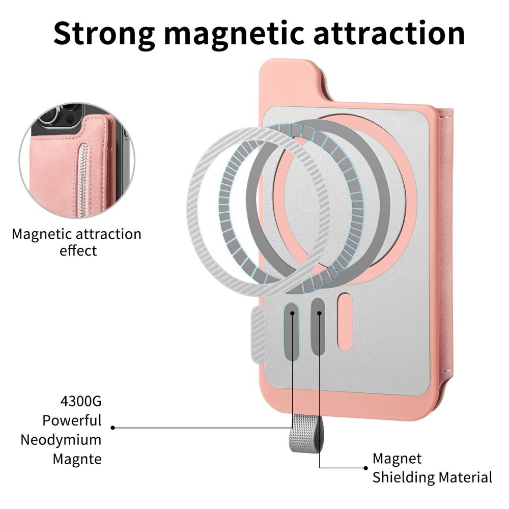 MagSafe-lommebok med glidelås og stativ, Rosa