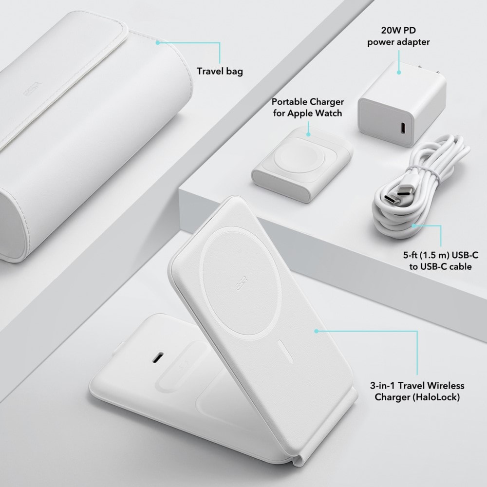 HaloLock Qi2 3-i-1 Trådløst Ladesett med etui, Hvit