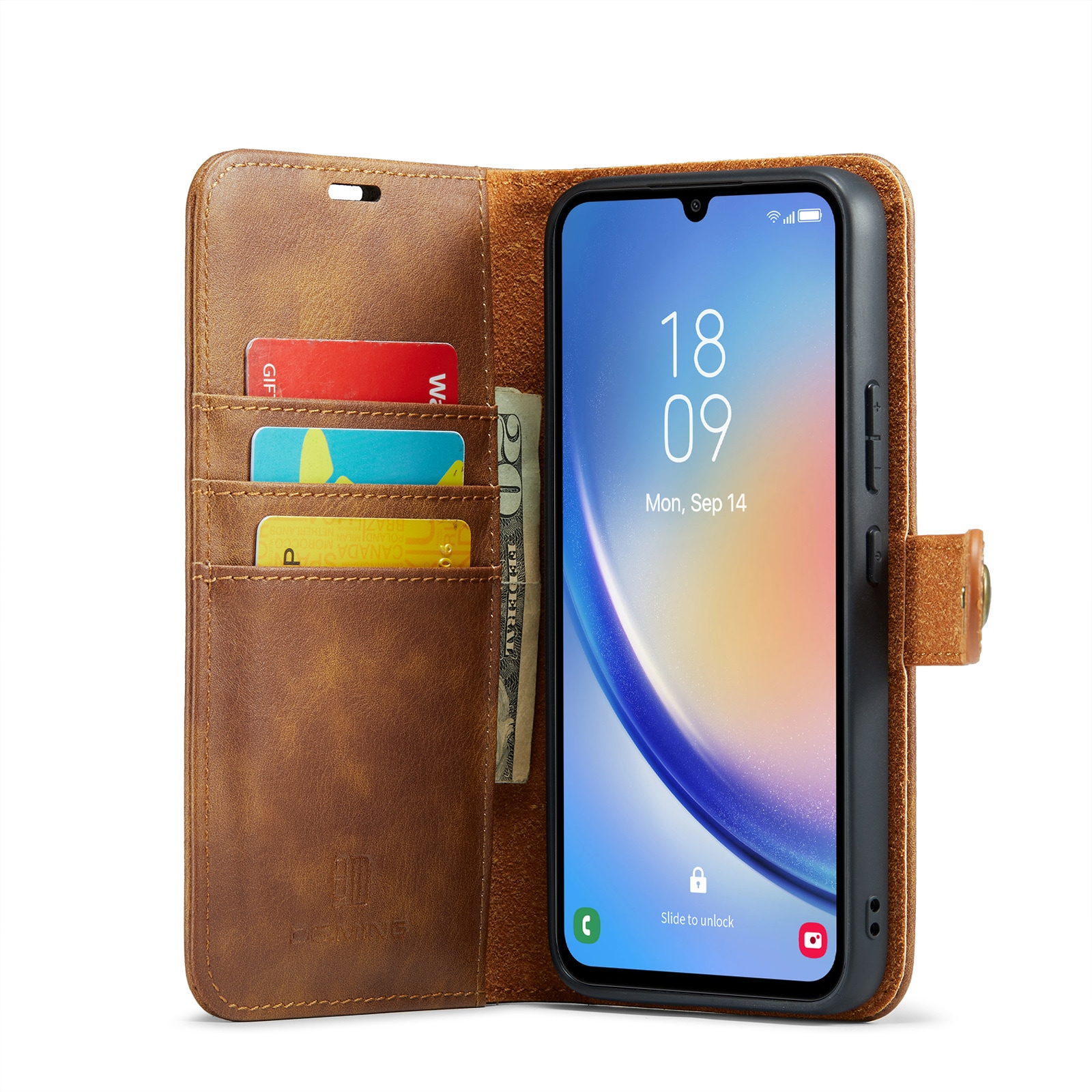 Samsung Galaxy A34 Lommeboketui med avtakbart deksel, Cognac