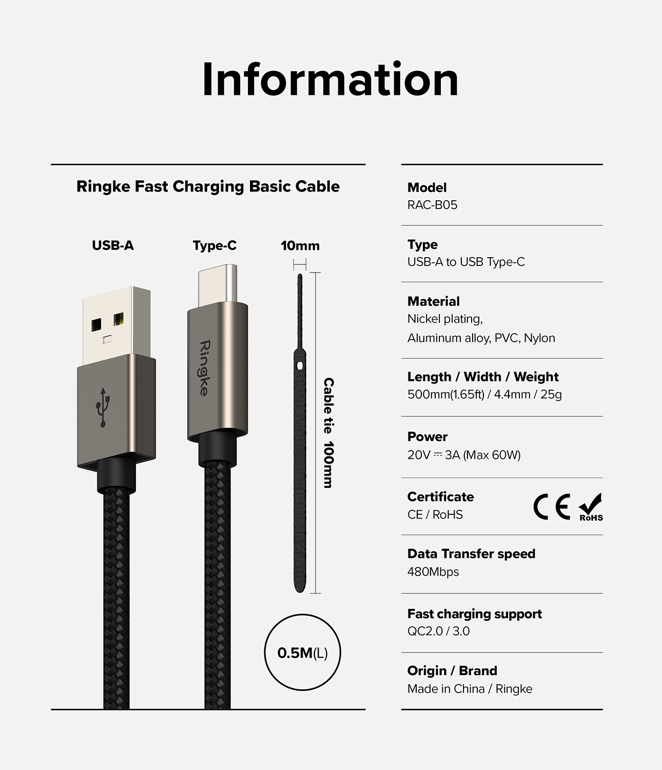 Hurtiglade-kabel USB-A til USB-C 0,5m, Svart