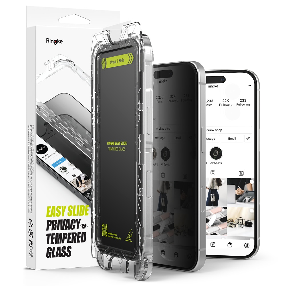 iPhone 15 Anti-spy Skjermbeskytter i glass med monteringsram (2-pack)