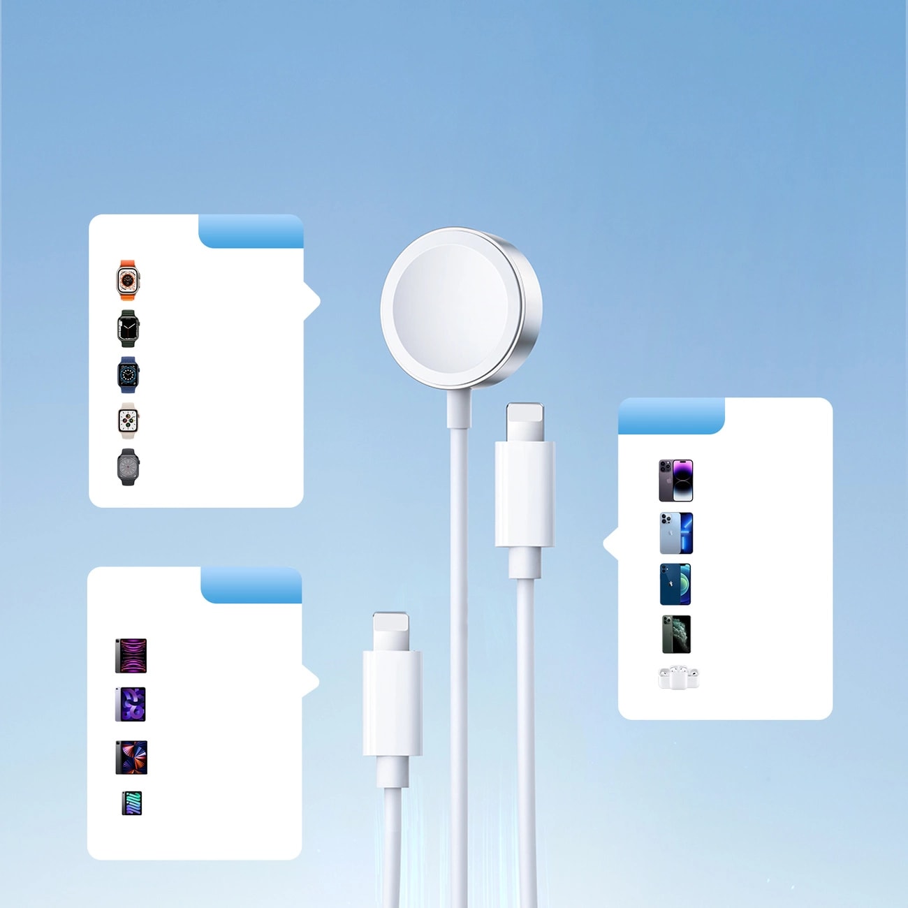 3-i-1 Laderkabel - USB-A til Lightning & Magnetisk Lader, Hvit