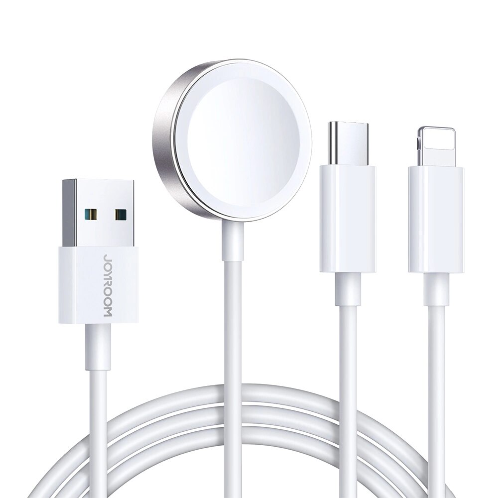 3-i-1 Laderkabel - USB-A til USB-C/Lightning & Magnetisk Lader, Hvit