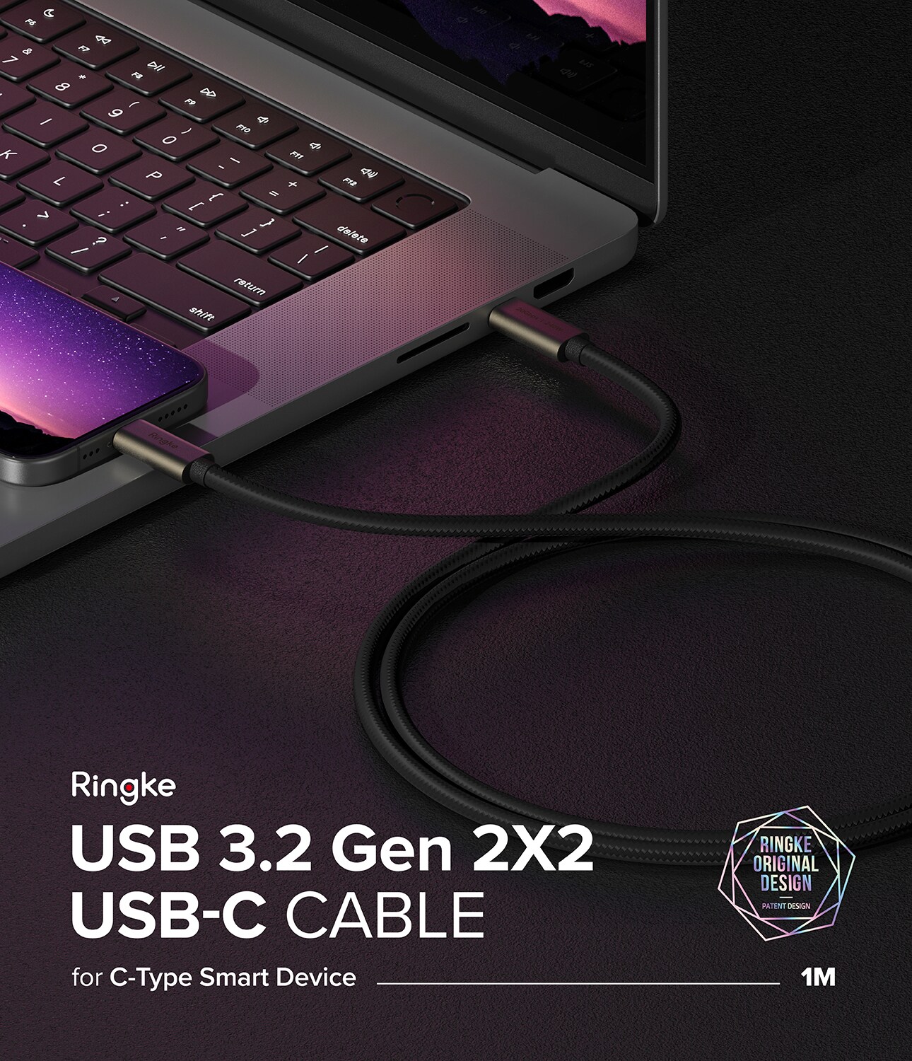 USB-C til USB-C 3.2 Gen 2x2 Ladekabel 1m, Svart