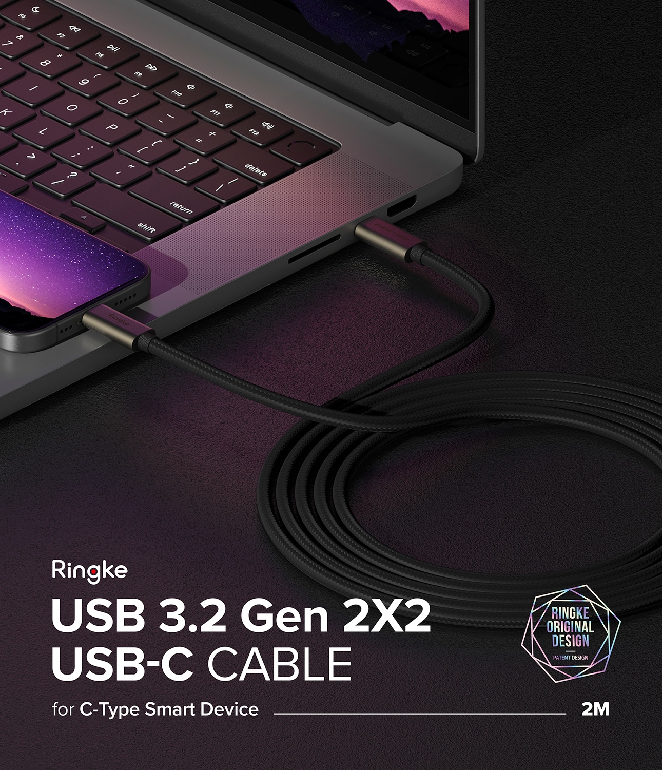 USB-C til USB-C 3.2 Gen 2x2 Ladekabel 2m, Svart