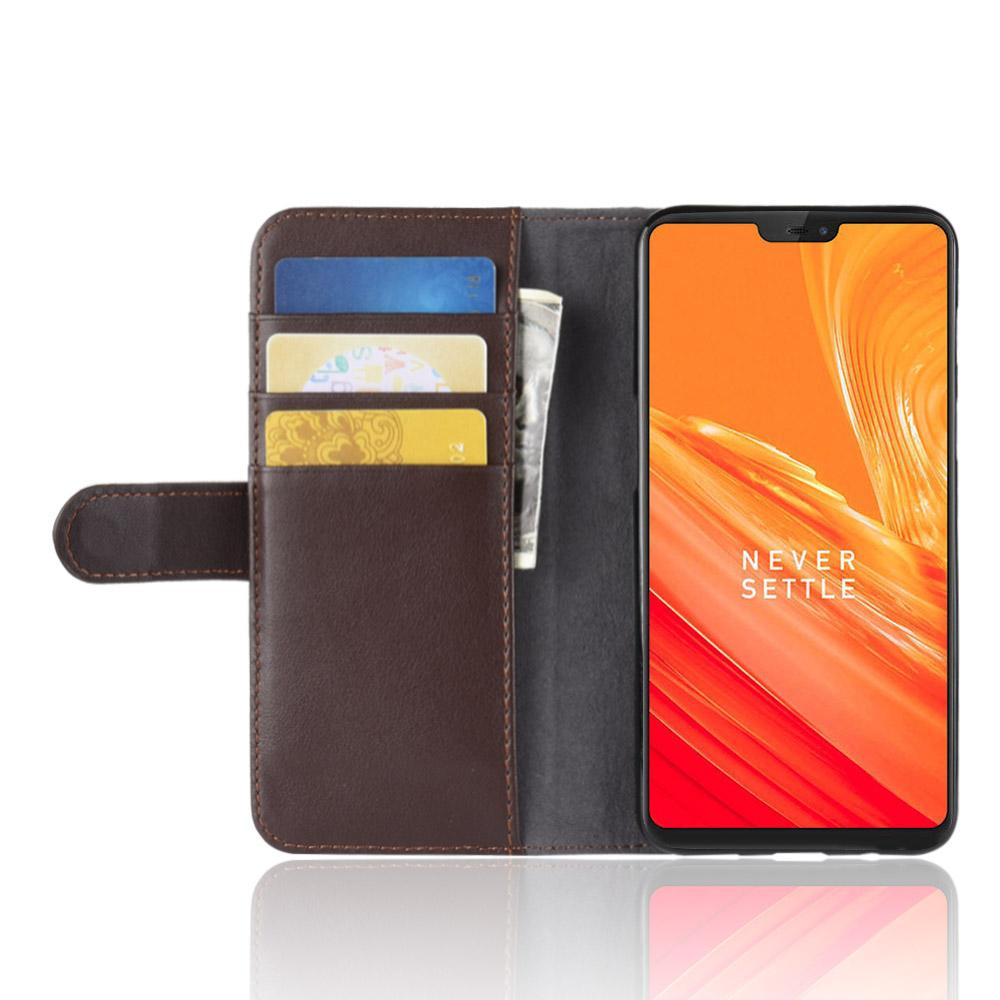  OnePlus 6 Lommeboketui i ekte skinn, Brun