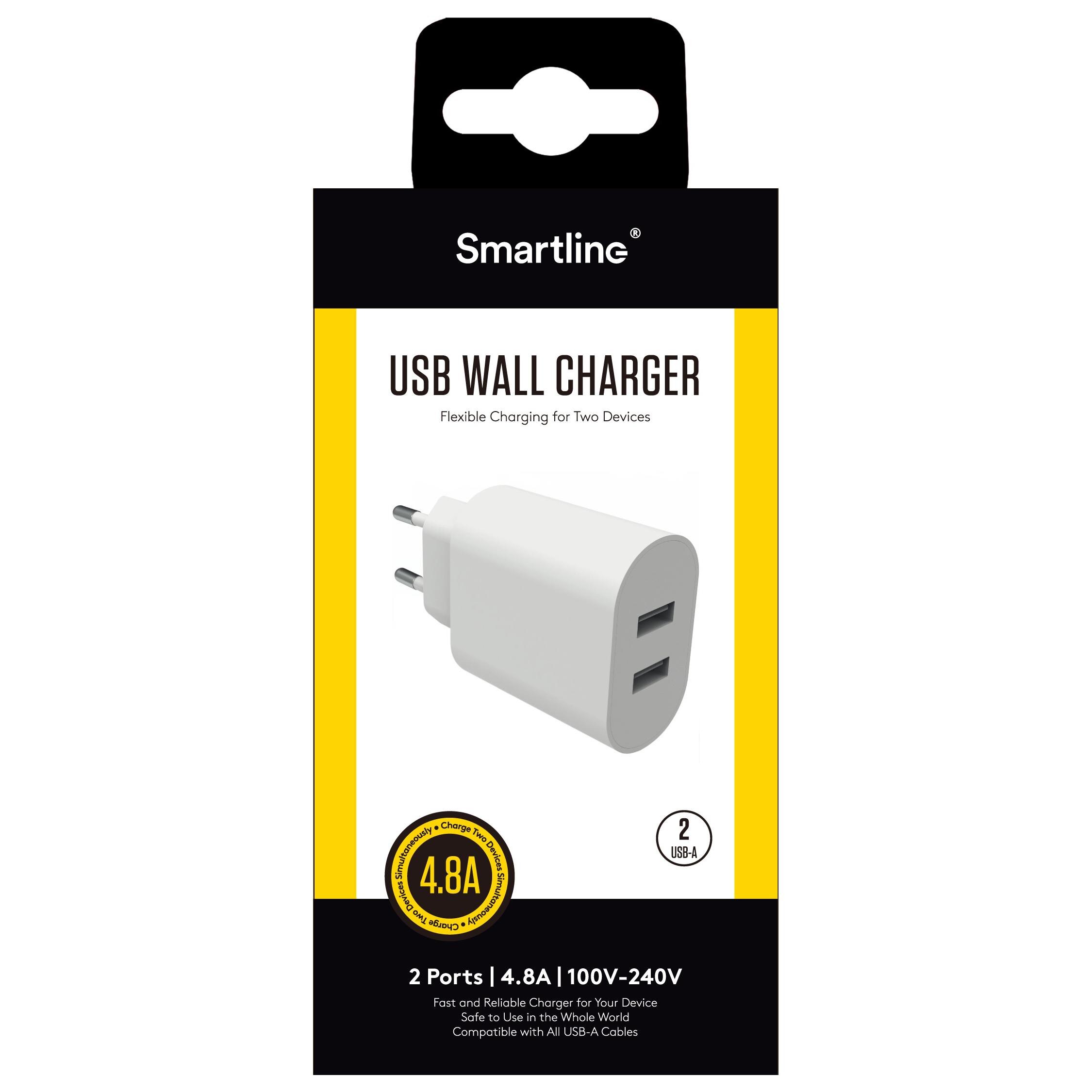 Vegglader med doble USB-porter 4.8A, Hvit